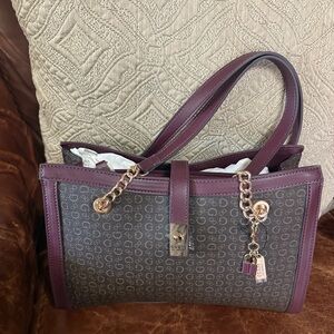 Guess Burgundy and Brown with muted Gold letters Shoulder Bag